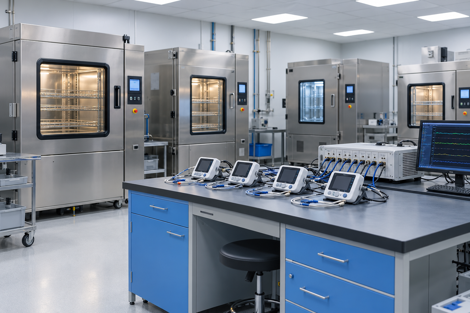 AI-generated concept illustration of a medical-device reliability laboratory